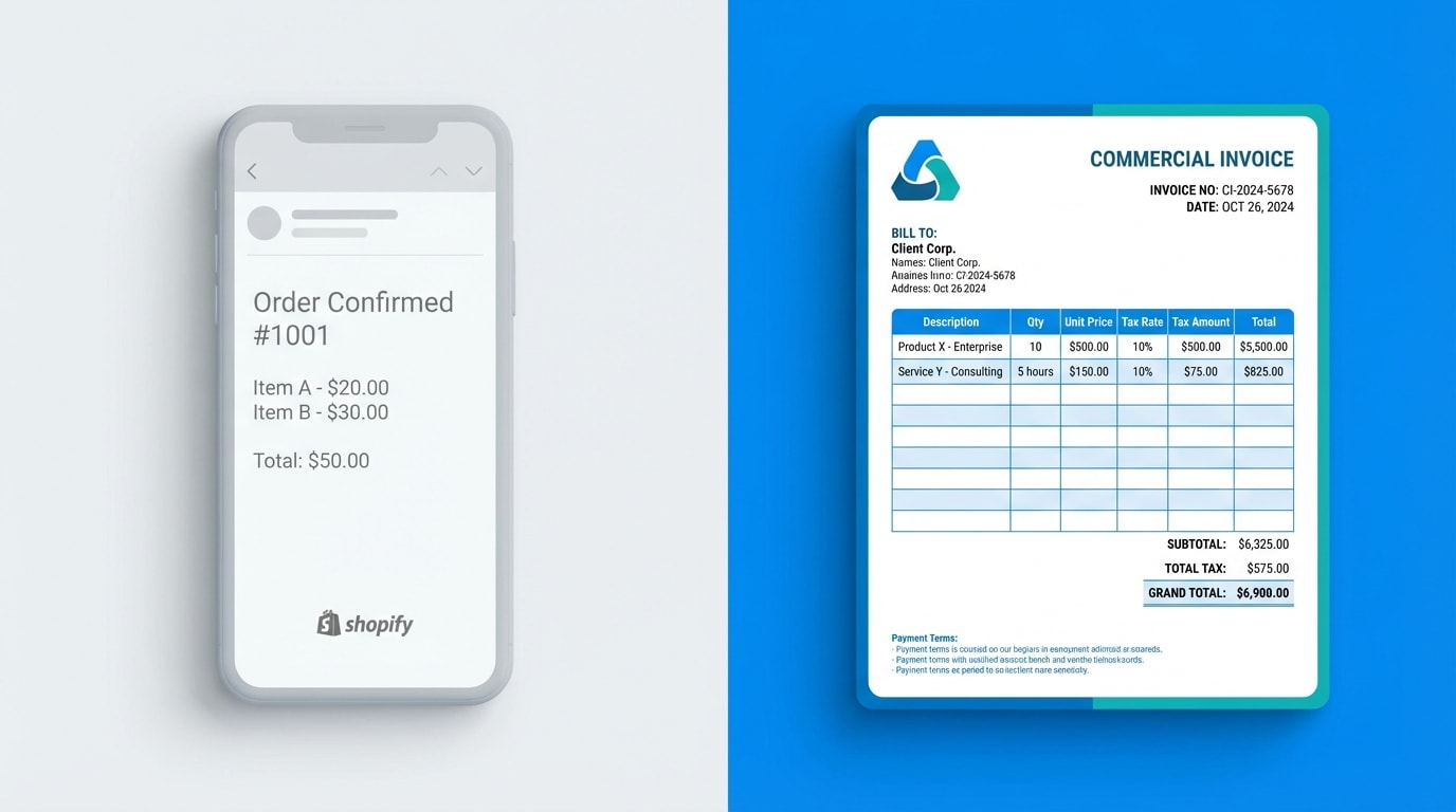 Comparison chart showing a Shopify order confirmation vs a legally binding commercial invoice