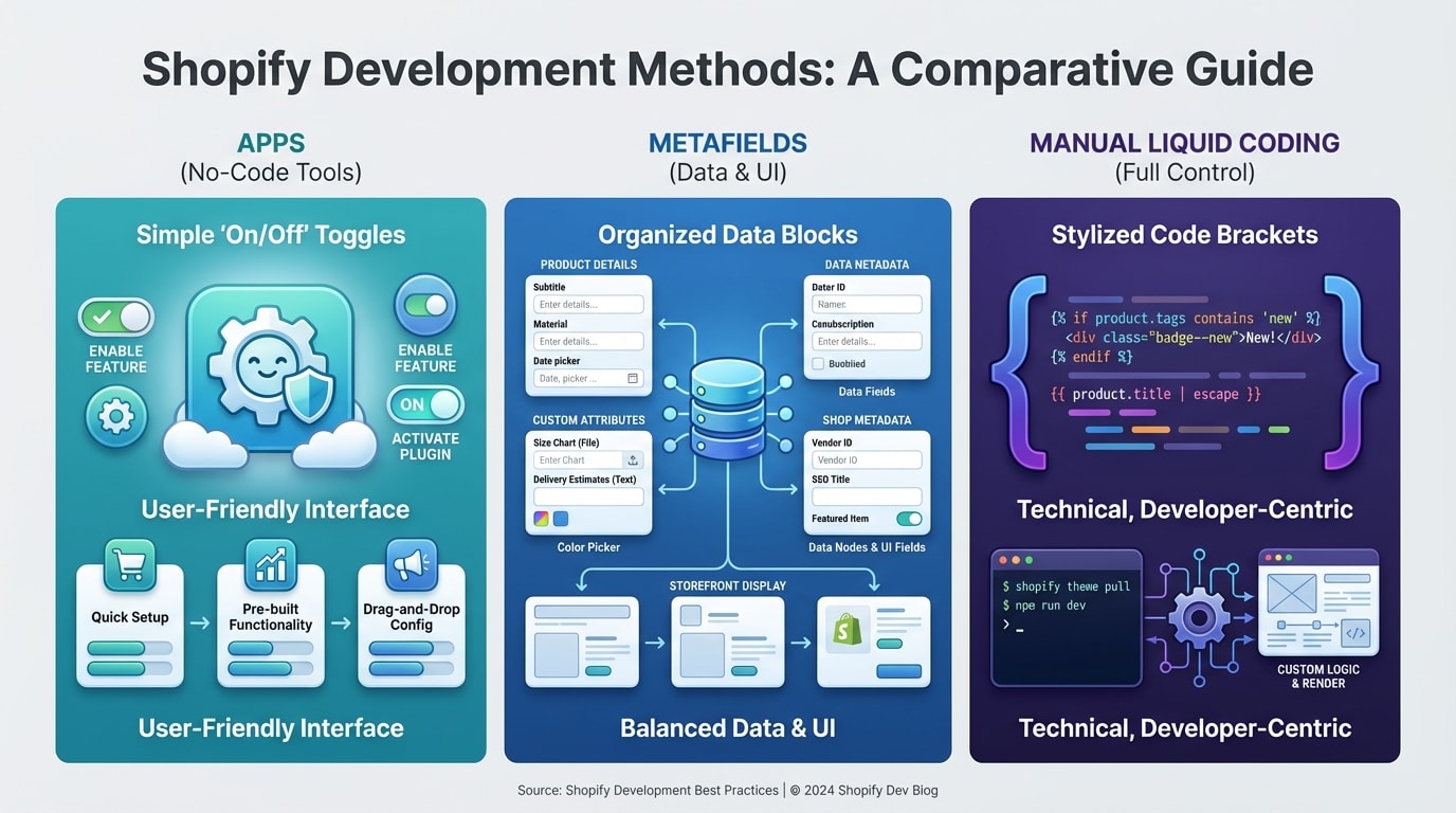 Comparison chart showing App vs Metafields vs Manual Liquid coding for Shopify stores