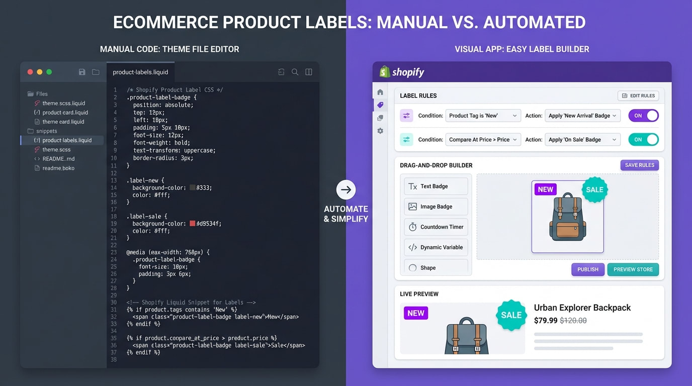 Comparison chart showing App vs Code for Shopify product labels