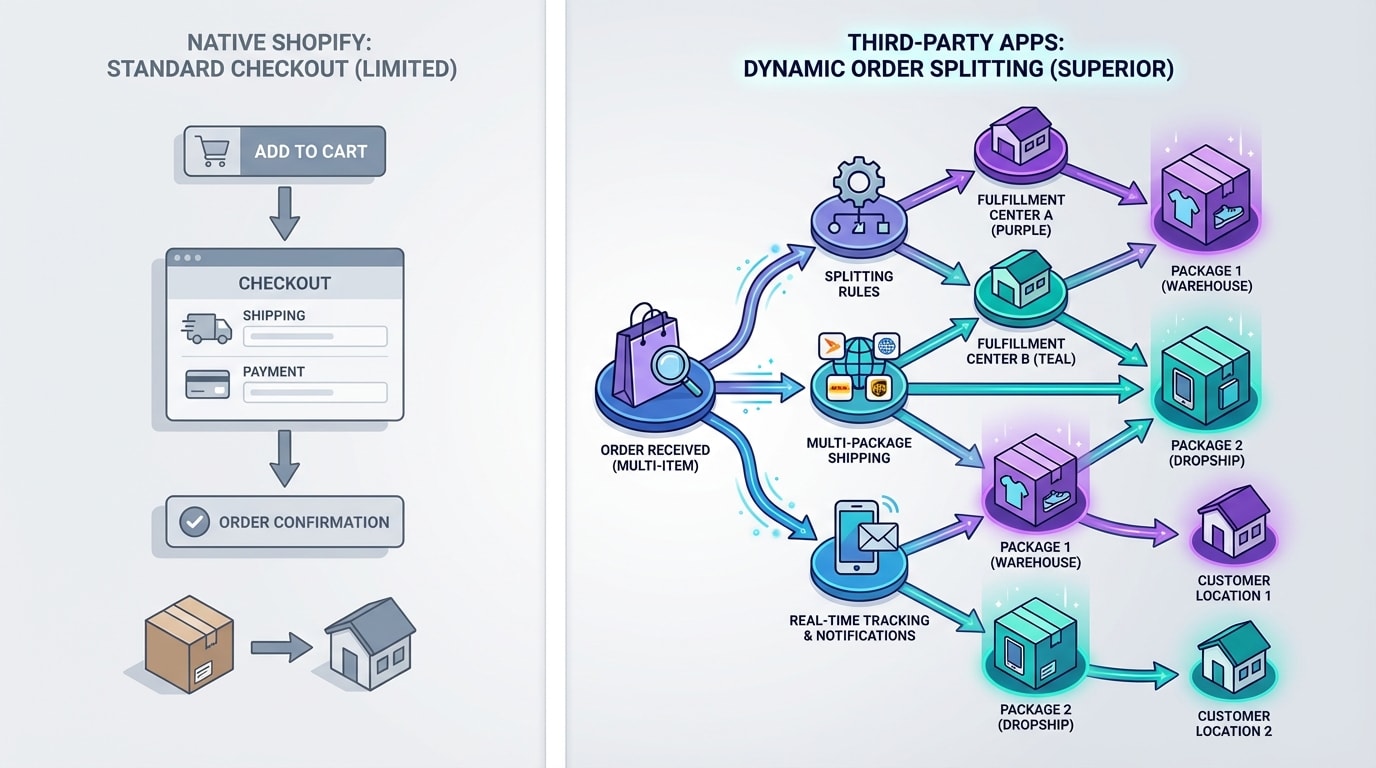 Comparison chart showing Native Shopify purchase options vs Third-party order splitting apps