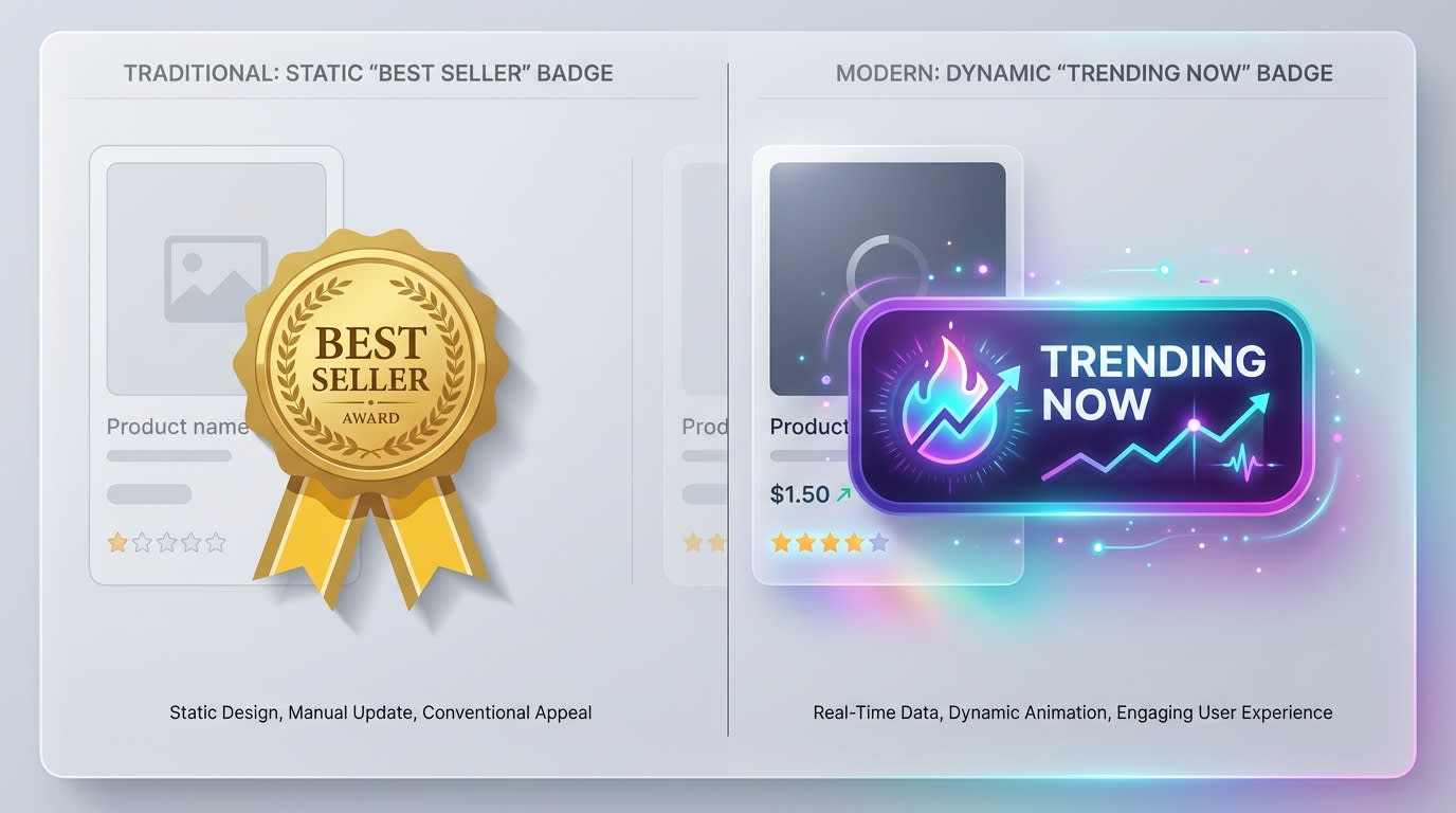 Comparison showing a static best seller label next to a dynamic trending product badge driven by recent sales data