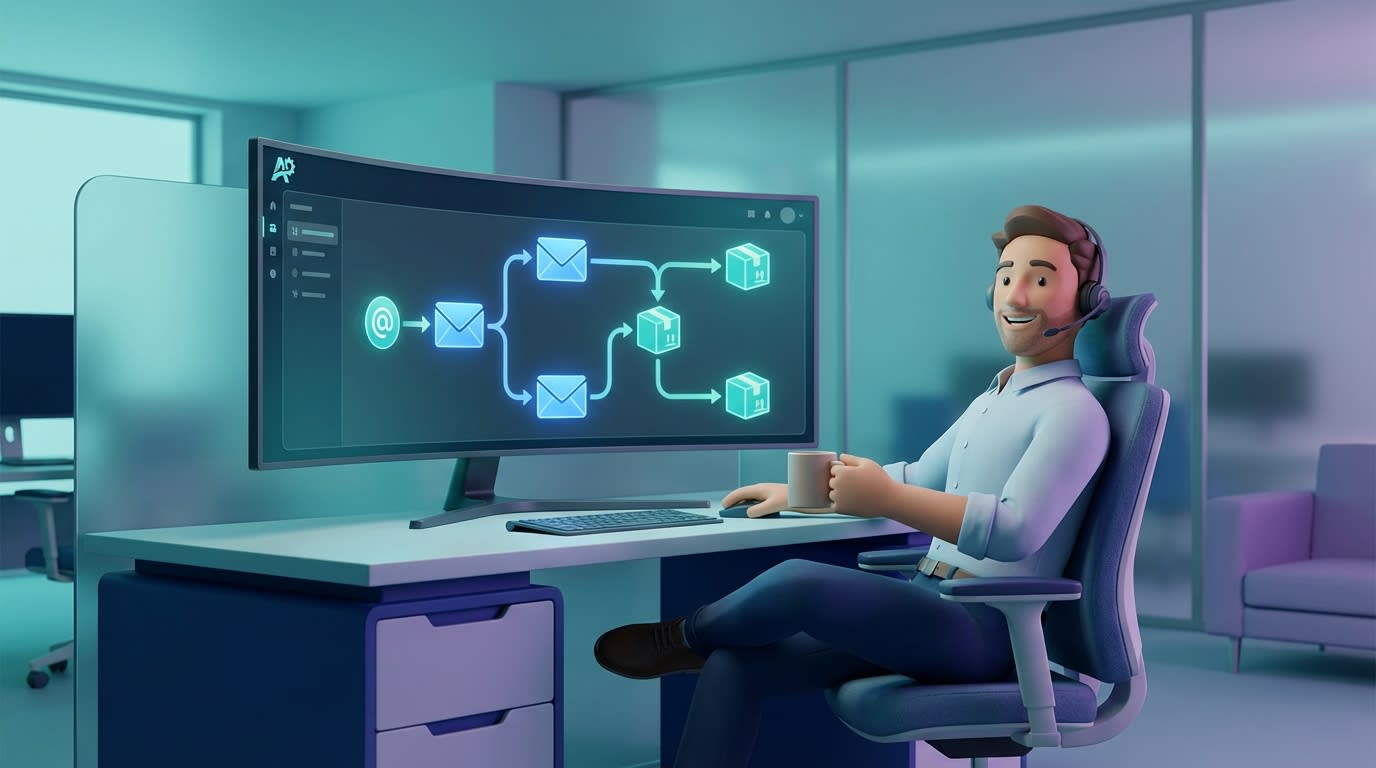 Customer support agent looking relaxed while automated emails handle pre-order shipping updates