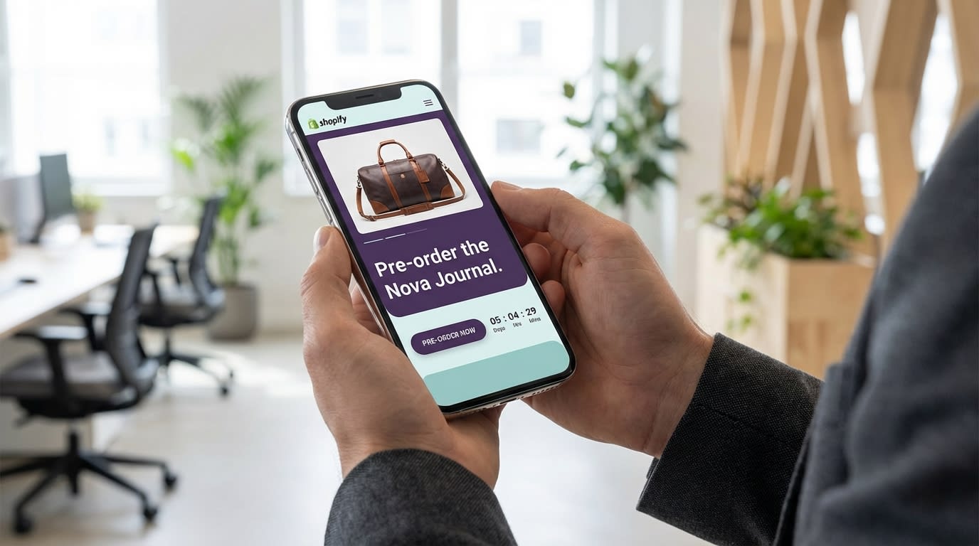 Customer viewing a beautifully designed Shopify pre-order landing page with a subtle countdown timer on a mobile phone