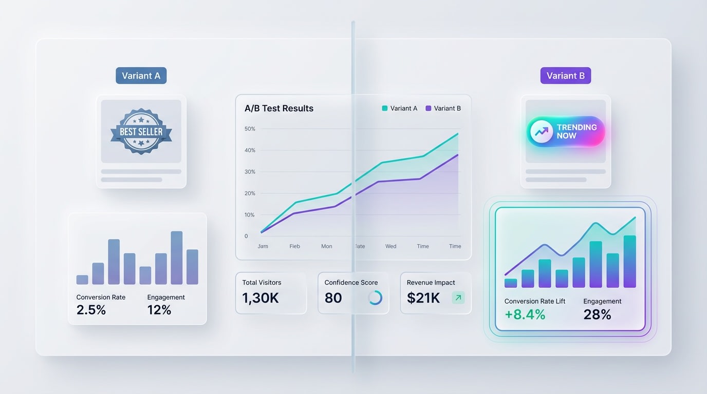 Dashboard showing A/B testing results for different product badges