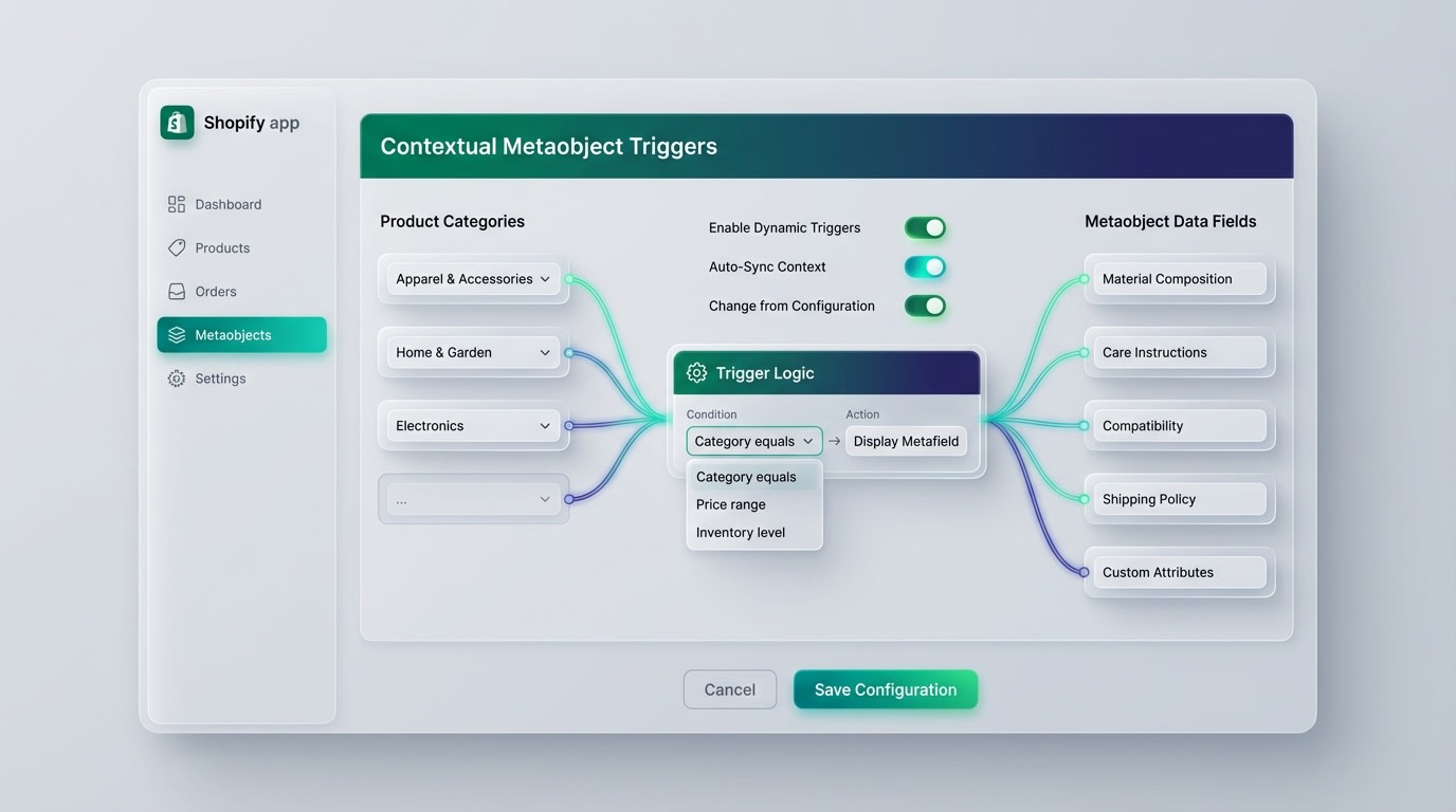 Dashboard view of a Shopify app configuring contextual metaobject triggers for specific product categories