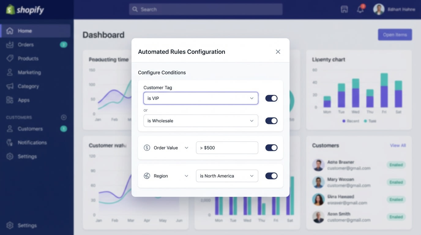 Dashboard view of setting up a Shopify customer tag popup rule showing conditions for wholesale and VIP tags
