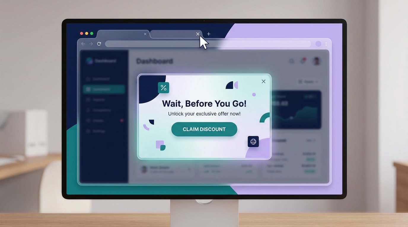 Desktop view of an exit-intent popup triggering as the mouse moves to close the browser tab
