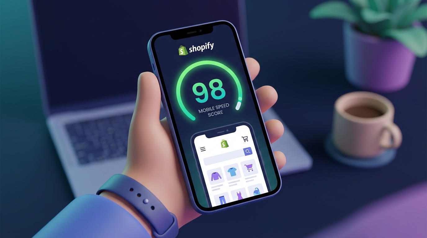 Developer checking Shopify mobile layout speed scores on a smartphone