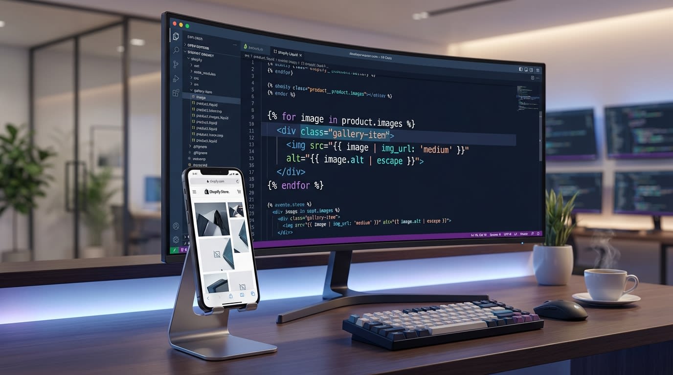 Developer inspecting Shopify Liquid code on a monitor to troubleshoot a broken image layout on a mobile device