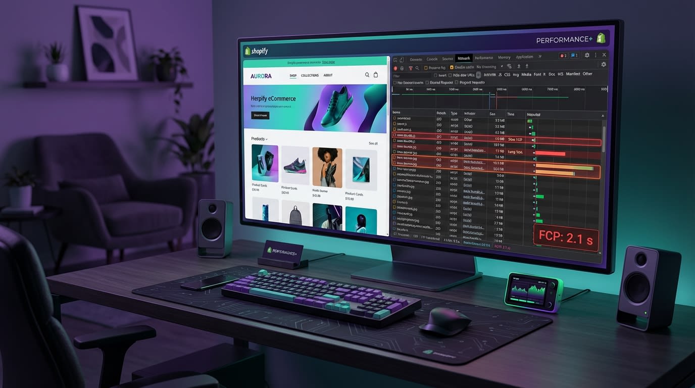 Developer inspecting Shopify store network tab in Chrome DevTools to find slow scripts