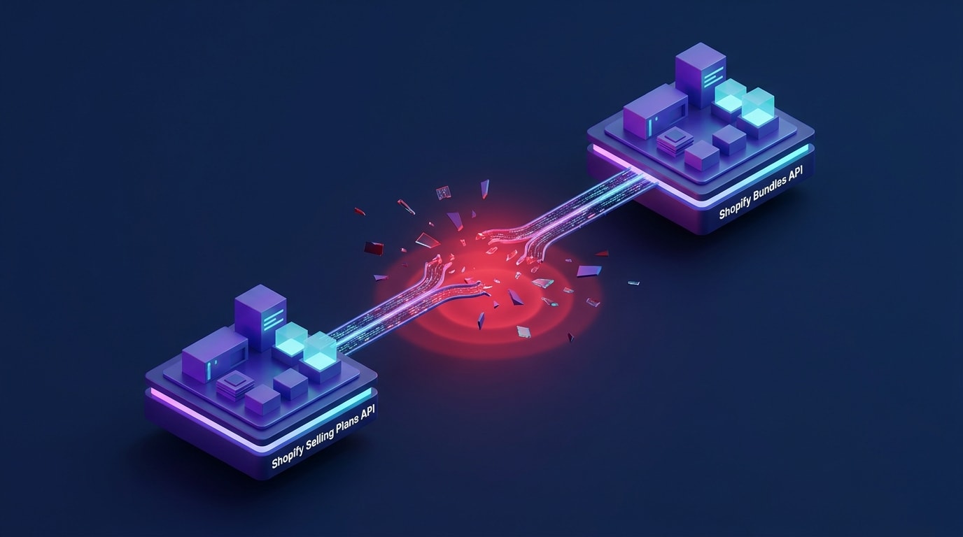 Diagram showing a broken link between Shopify Selling Plans API and the Bundles API