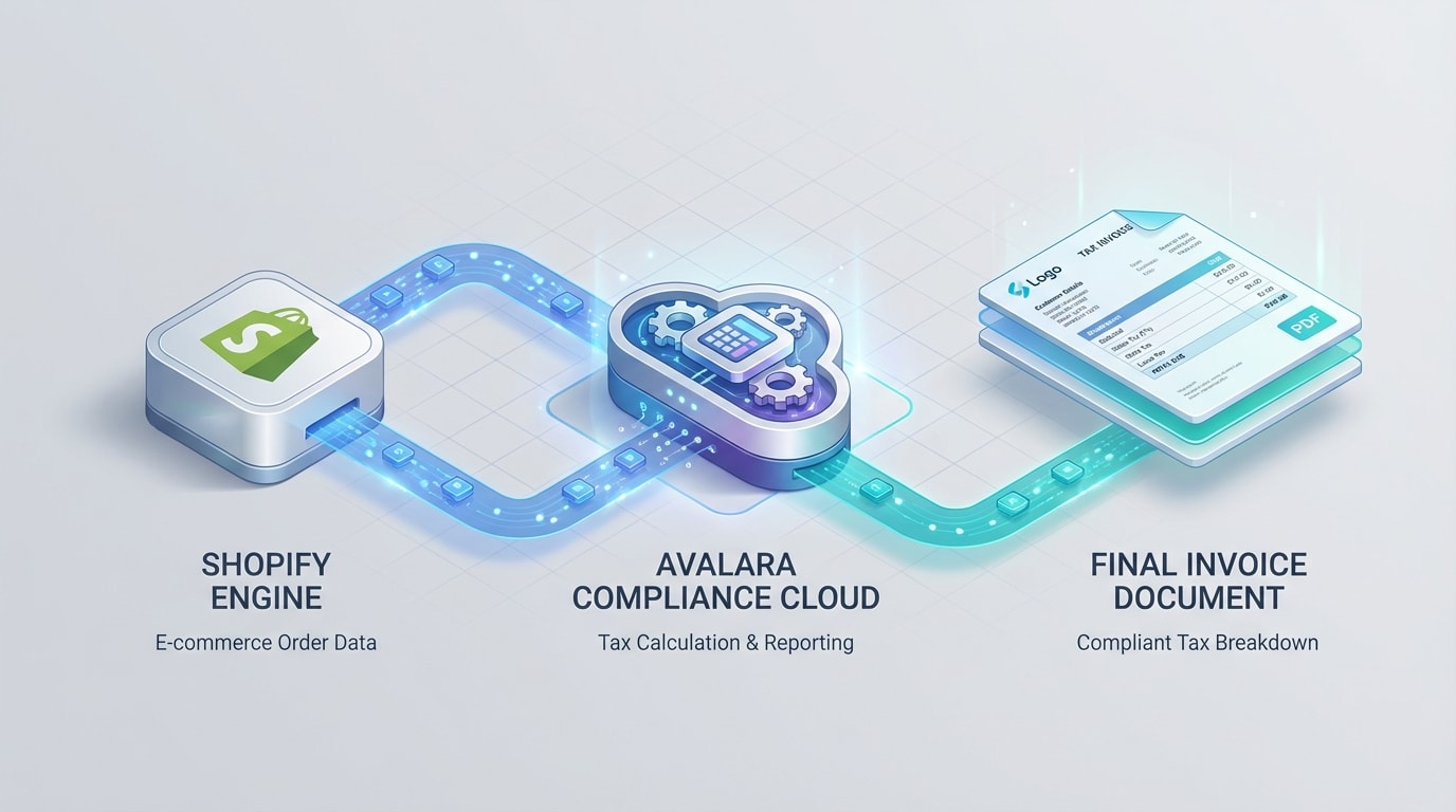 Diagram showing the data flow between Shopify's tax engine, Avalara, and the final PDF invoice output