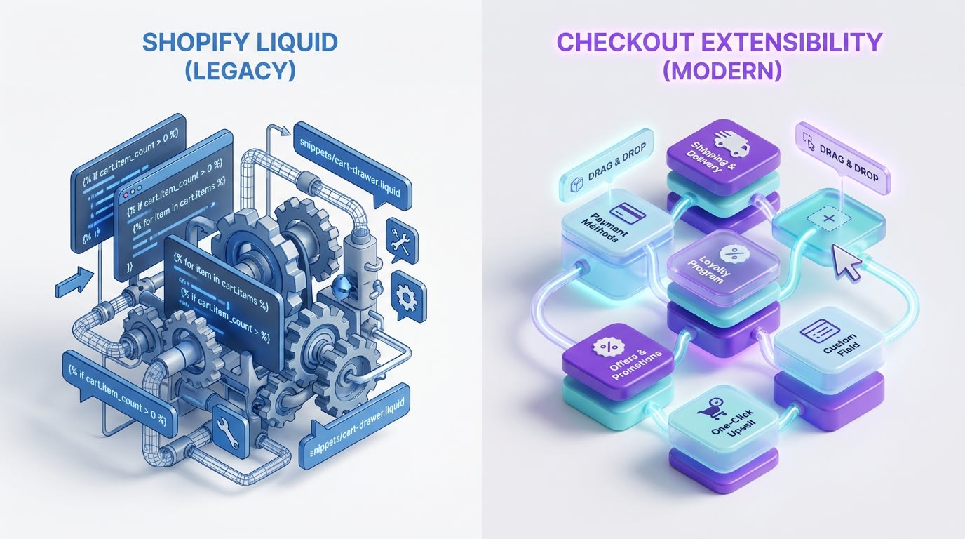 Diagram showing the difference between Shopify Liquid cart and Shopify Plus Checkout Extensibility modules