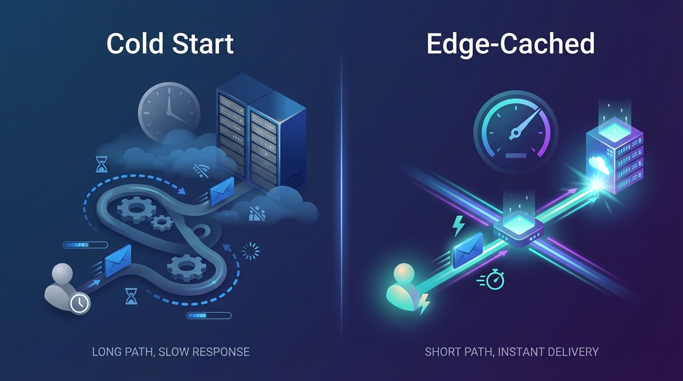 Diagram showing the difference between a cold start server request and an edge-cached response