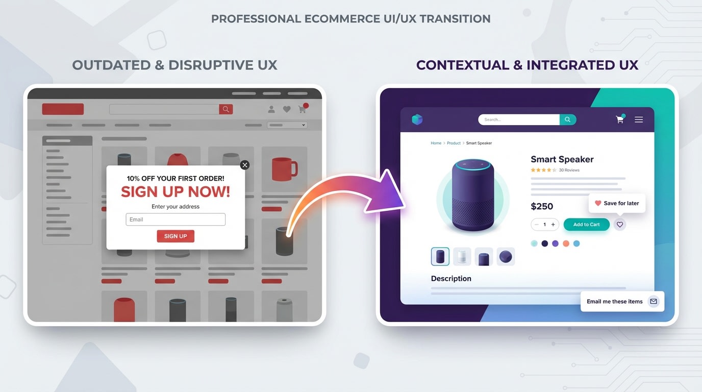 Diagram showing the shift from a generic discount popup to a contextual micro-conversion save point