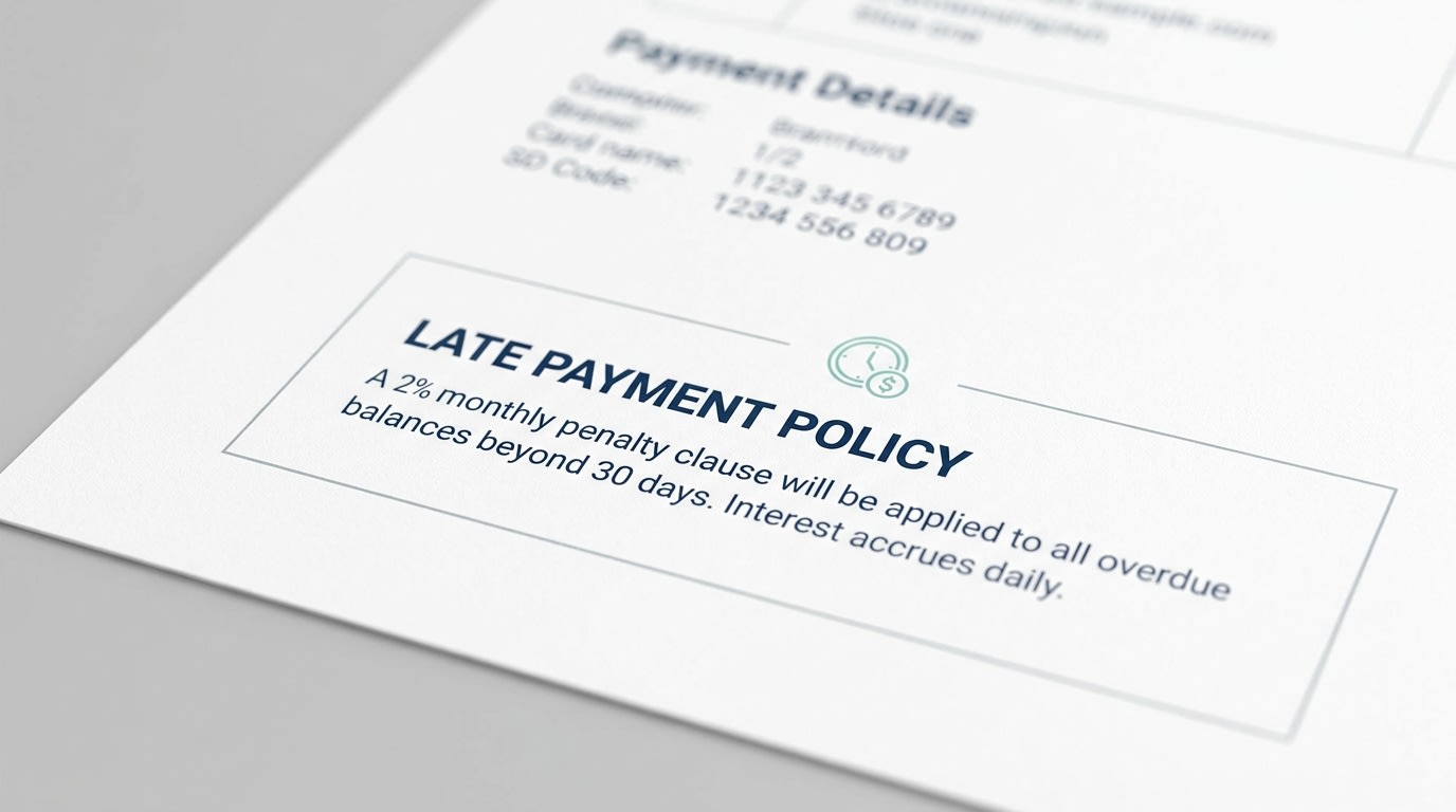 Example graphic showing a professionally worded late payment penalty clause at the footer of an invoice