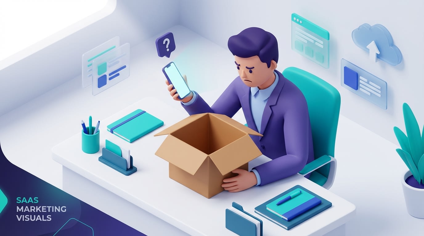 Frustrated online shopper looking at a phone screen next to an open cardboard box that is completely empty