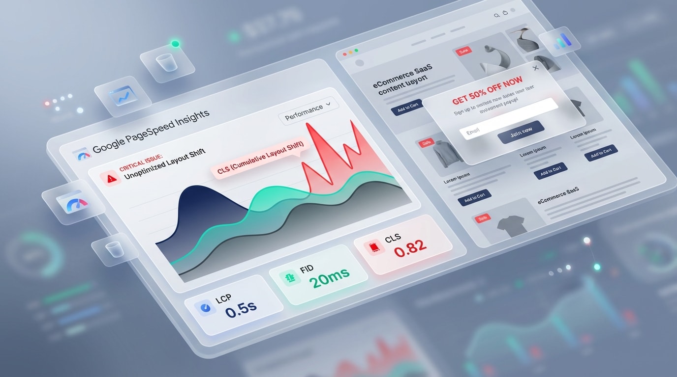Google PageSpeed Insights dashboard showing a spike in Cumulative Layout Shift (CLS) caused by a poorly optimized popup app