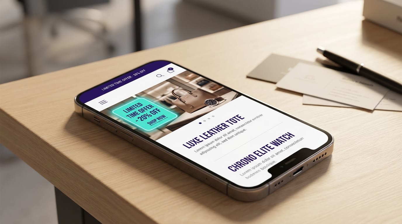 Mobile phone displaying a cleanly formatted product page with a responsive promotional badge