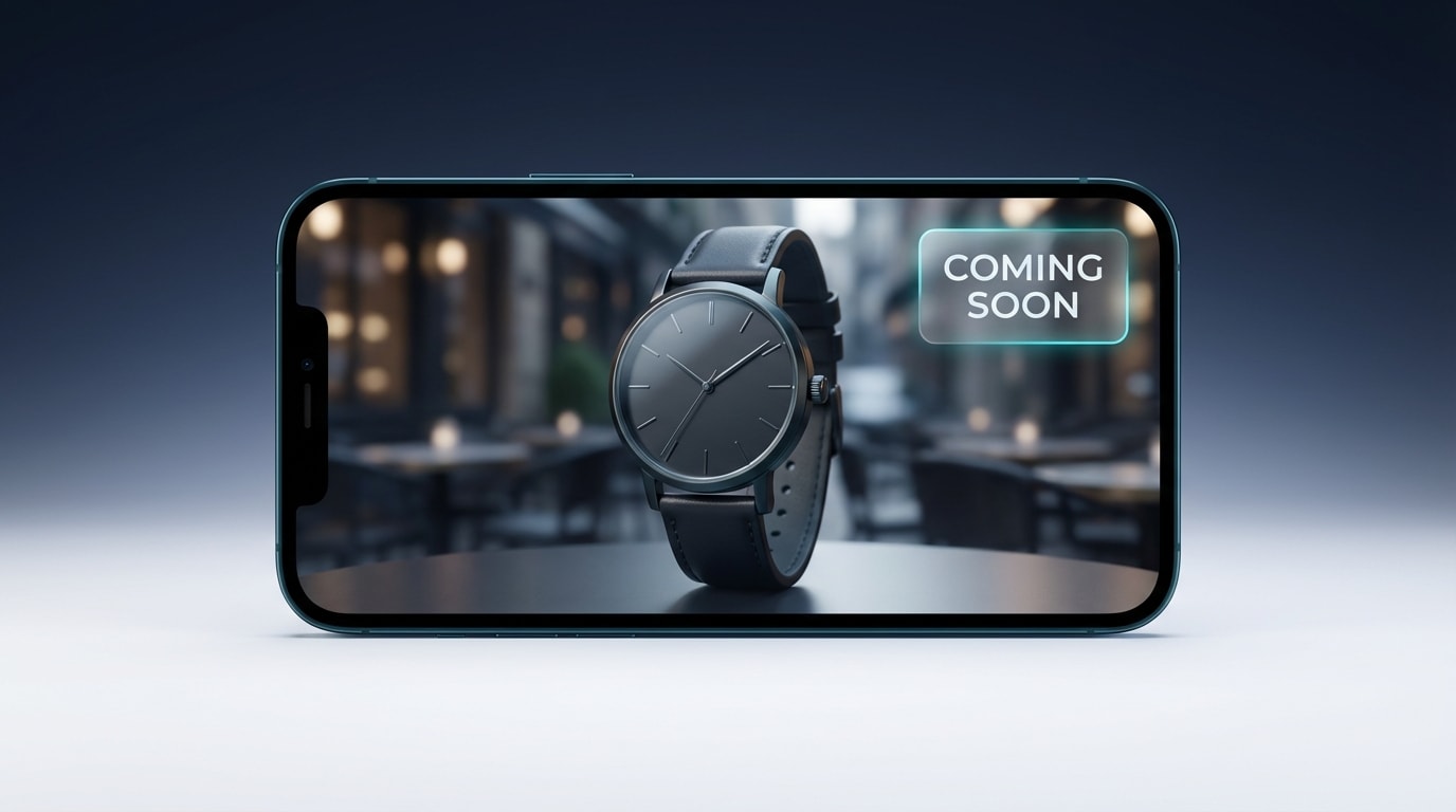 Mobile phone mockup showing a clean coming soon product badge that doesn't obstruct the main product image
