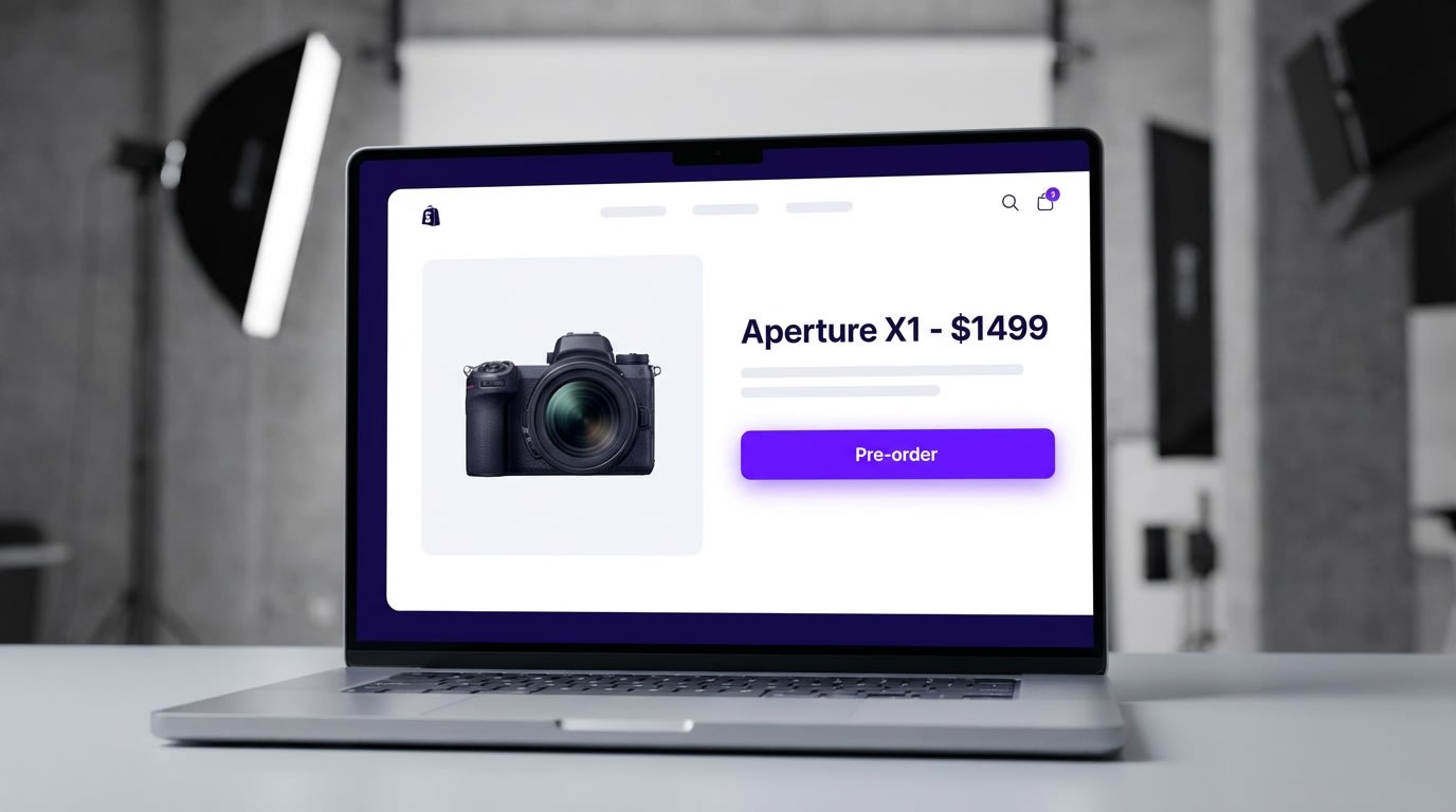 Screenshot of a customized Shopify product page showing a bold Pre-order button instead of Add to Cart