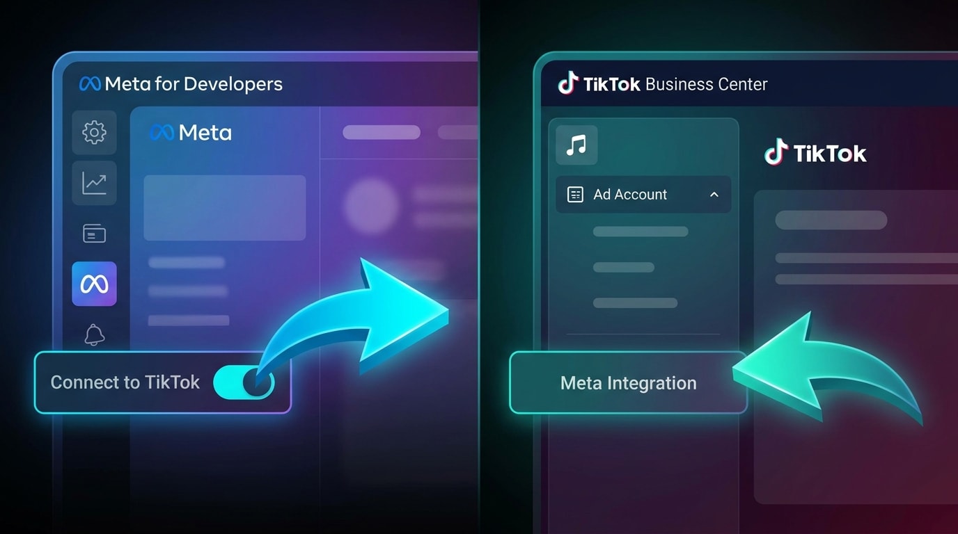Screenshot of the Meta for Developers and TikTok Business Center connection screens with bold arrows pointing to required toggles