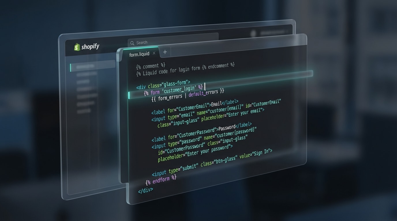 Screenshot of the Shopify code editor showing custom Liquid form code being pasted