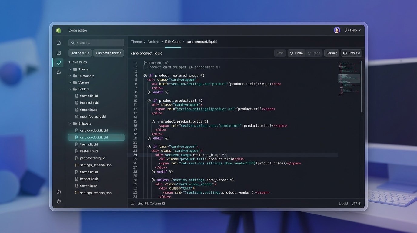 Screenshot of the Shopify theme code editor highlighting card-product.liquid