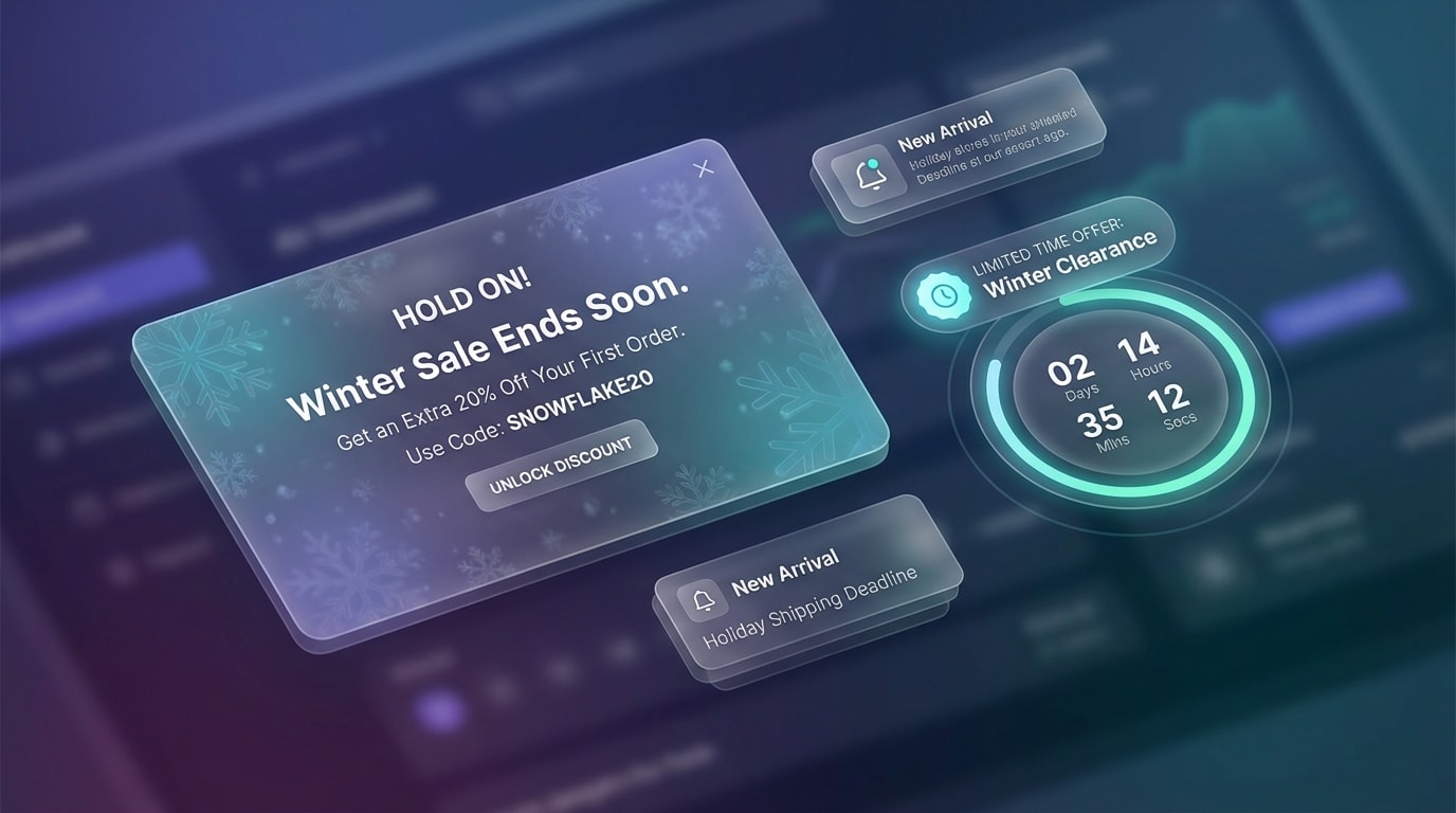 Screenshot showcasing different types of winter-themed popup triggers like countdowns and exit-intent modals