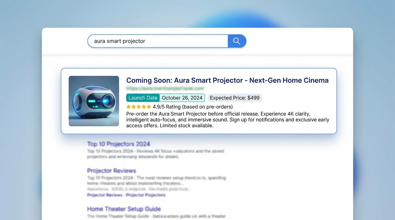 Search engine results page mockup showing a well-optimized coming soon product snippet