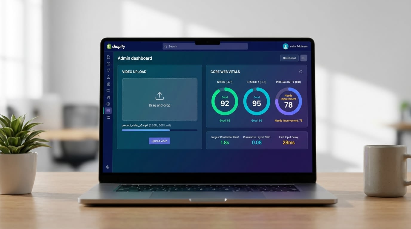 Shopify admin dashboard showing video file size limits and Core Web Vitals metrics on a laptop screen