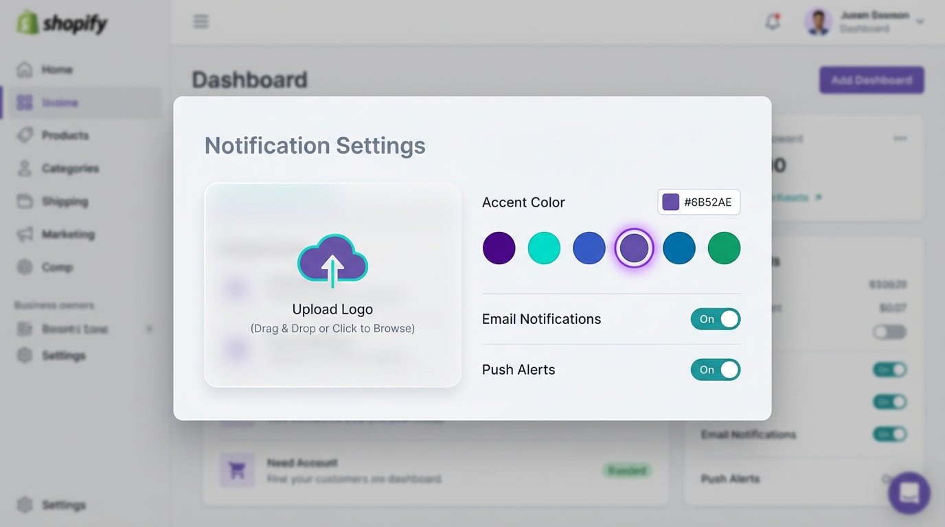 Shopify admin dashboard showing the logo upload and accent color selection in notification settings