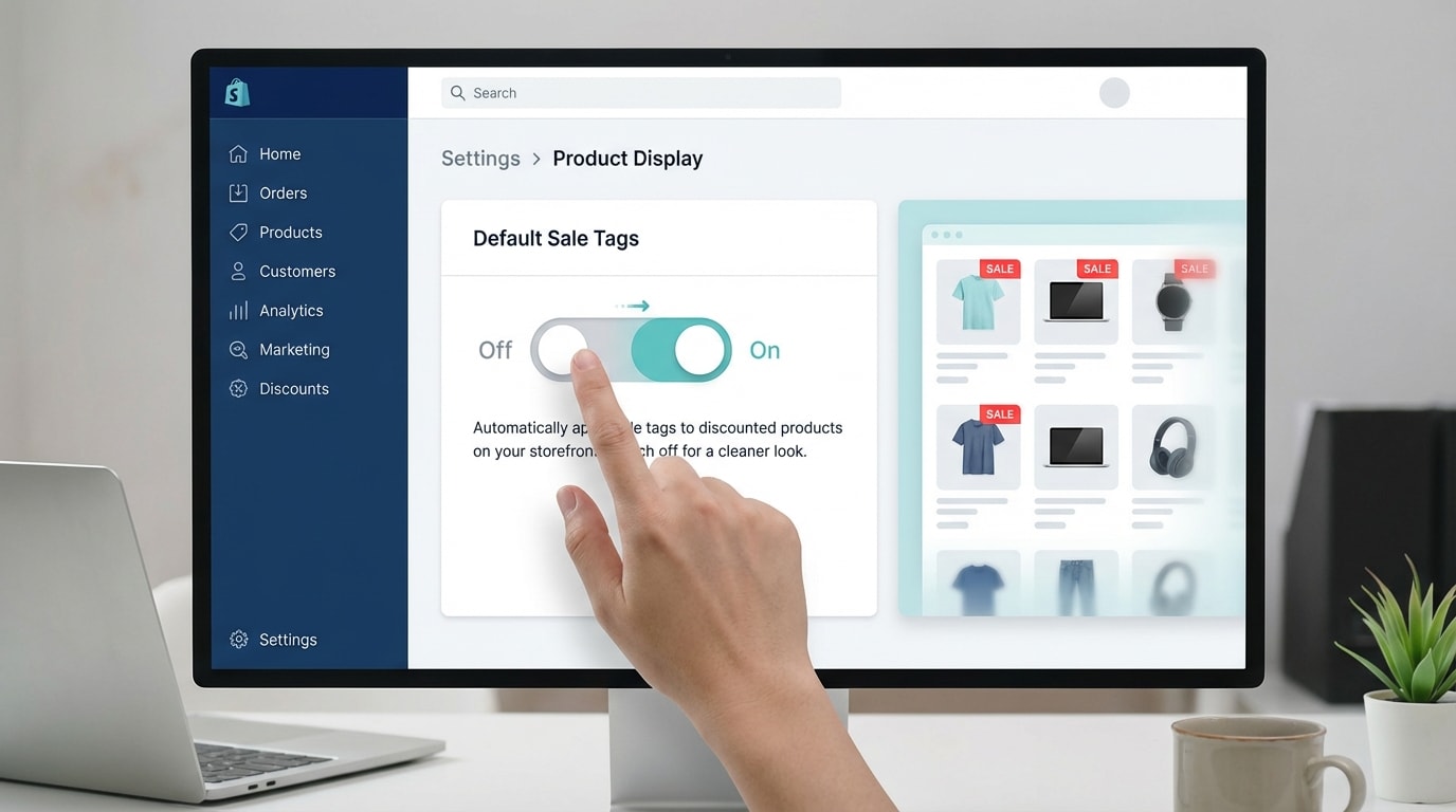 Shopify admin dashboard showing how to toggle off default sale tags