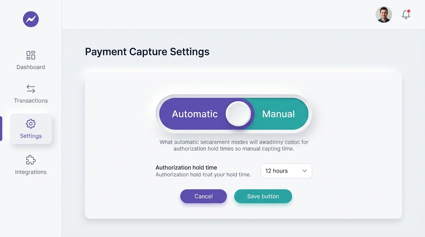 Shopify Admin dashboard showing payment capture settings from automatic to manual