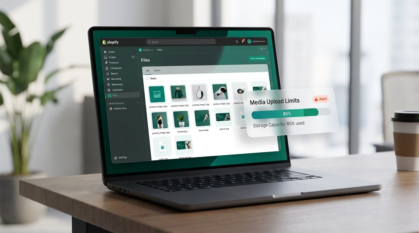 Shopify admin dashboard showing the Files section and media upload limits