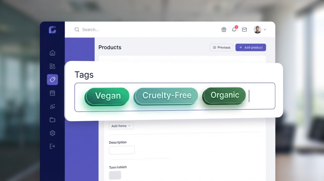 Shopify admin dashboard showing a product page with tags like 'vegan', 'cruelty-free', and 'organic' highlighted