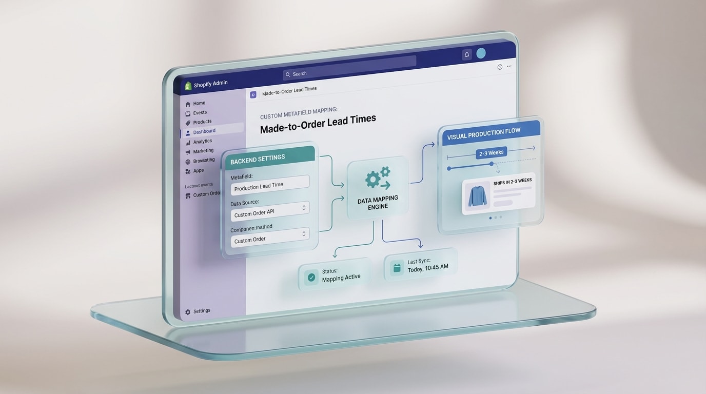 Shopify admin interface showing custom metafield mapping for made-to-order product lead times