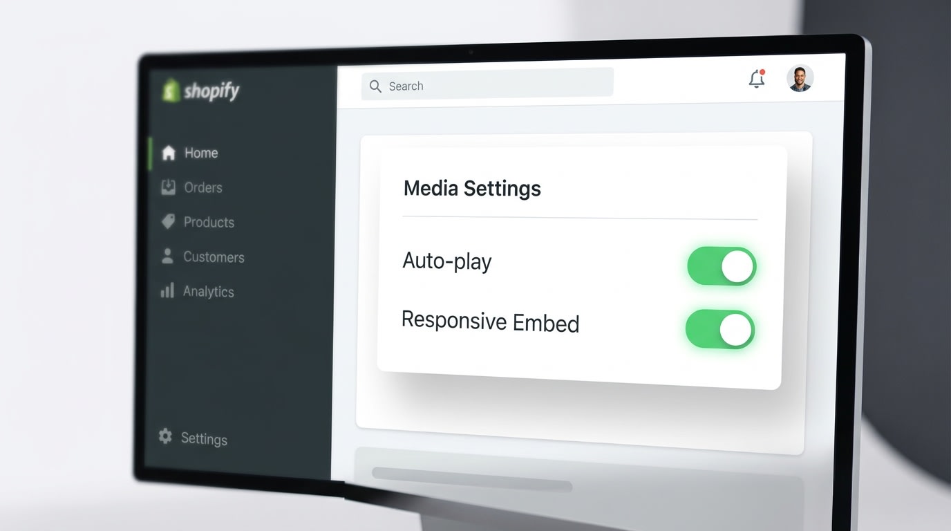 Shopify admin interface showing the exact settings to toggle for a video-friendly embed