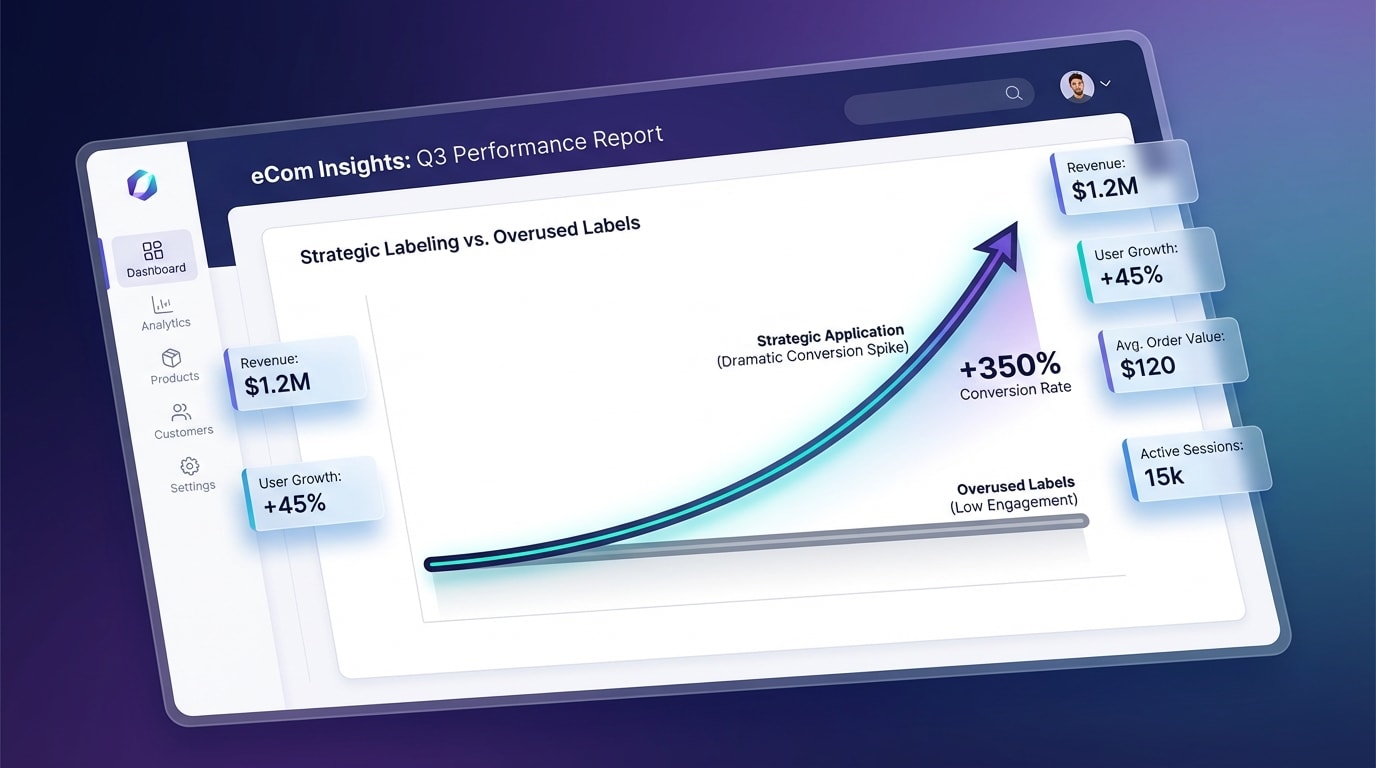 Shopify dashboard showing a graph of conversion rates spiking when low stock labels are applied to specific items, contrasting with a flatline when applied to all items