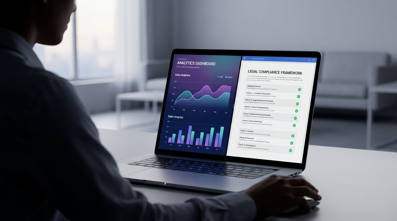 Shopify merchant checking analytics and legal compliance documentation on a laptop screen