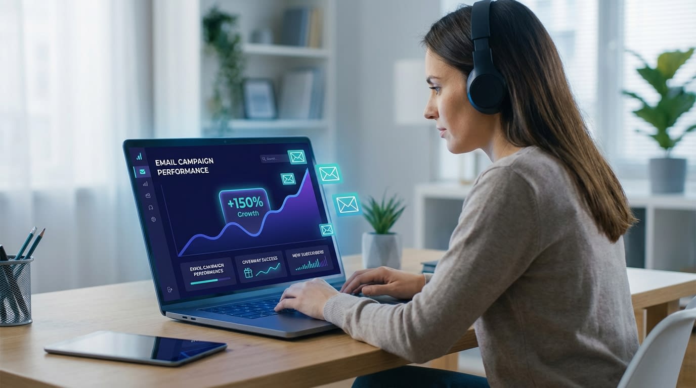 Shopify merchant looking at an analytics dashboard showing a spike in email subscribers after launching a giveaway