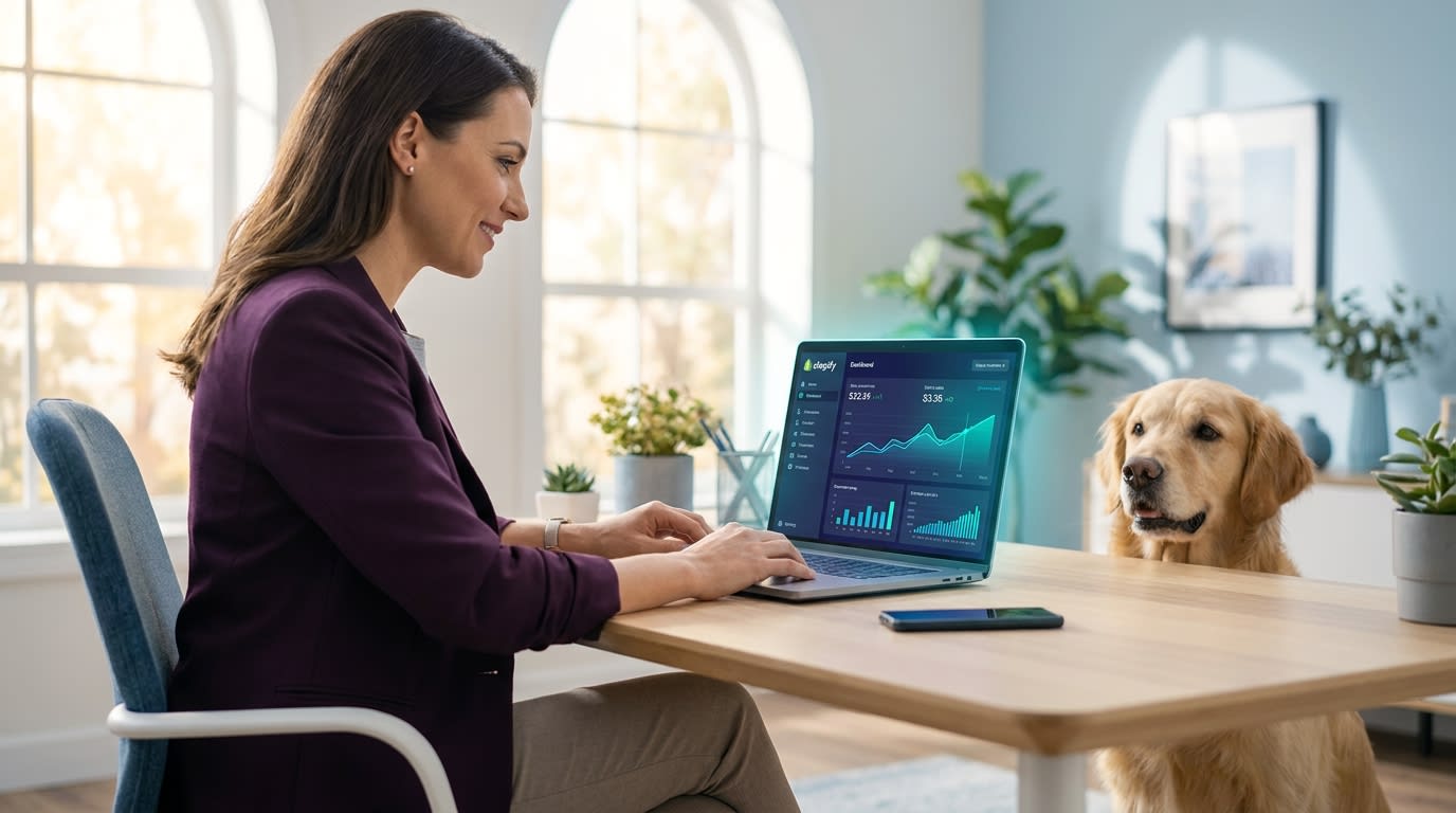 Shopify merchant looking at analytics while their dog sits next to their laptop