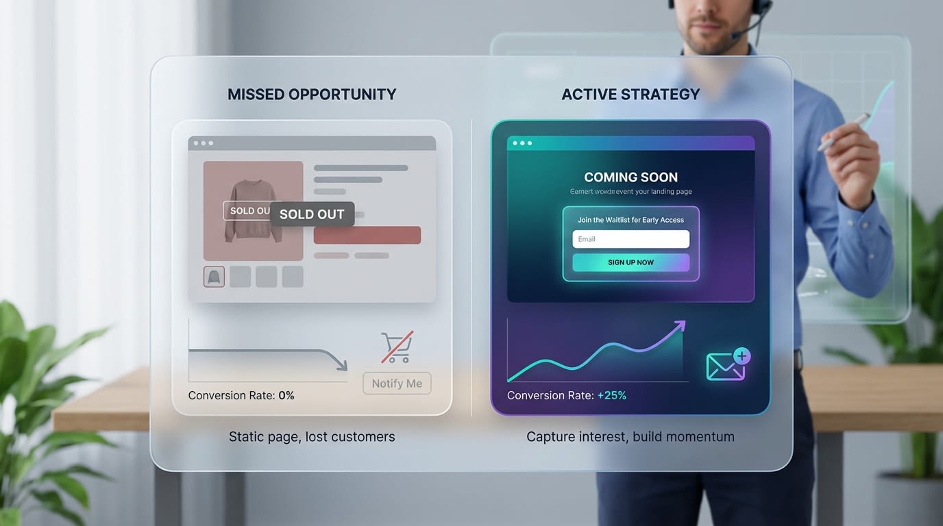Shopify merchant reviewing conversion rates comparing sold out pages versus coming soon pages with email capture forms