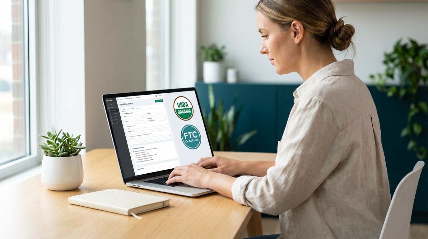 Shopify merchant reviewing FTC green guides and USDA organic certification documents on a laptop