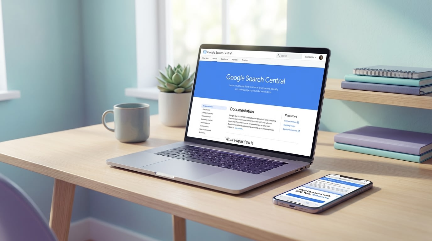 Shopify merchant reviewing Google Search Central guidelines on a laptop alongside a mobile phone displaying a non-intrusive popup