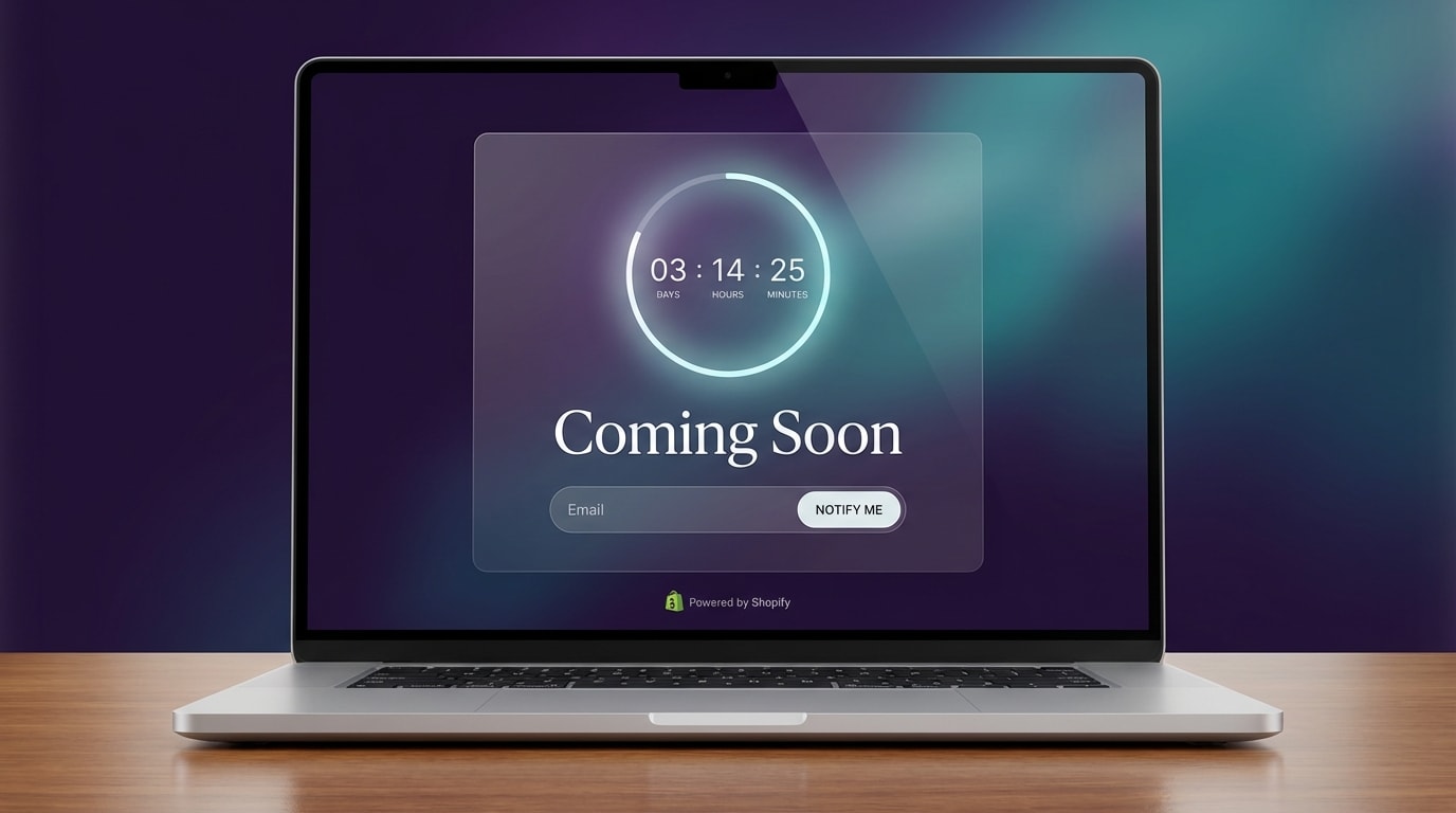 Shopify password page featuring a sleek countdown badge for an upcoming brand launch