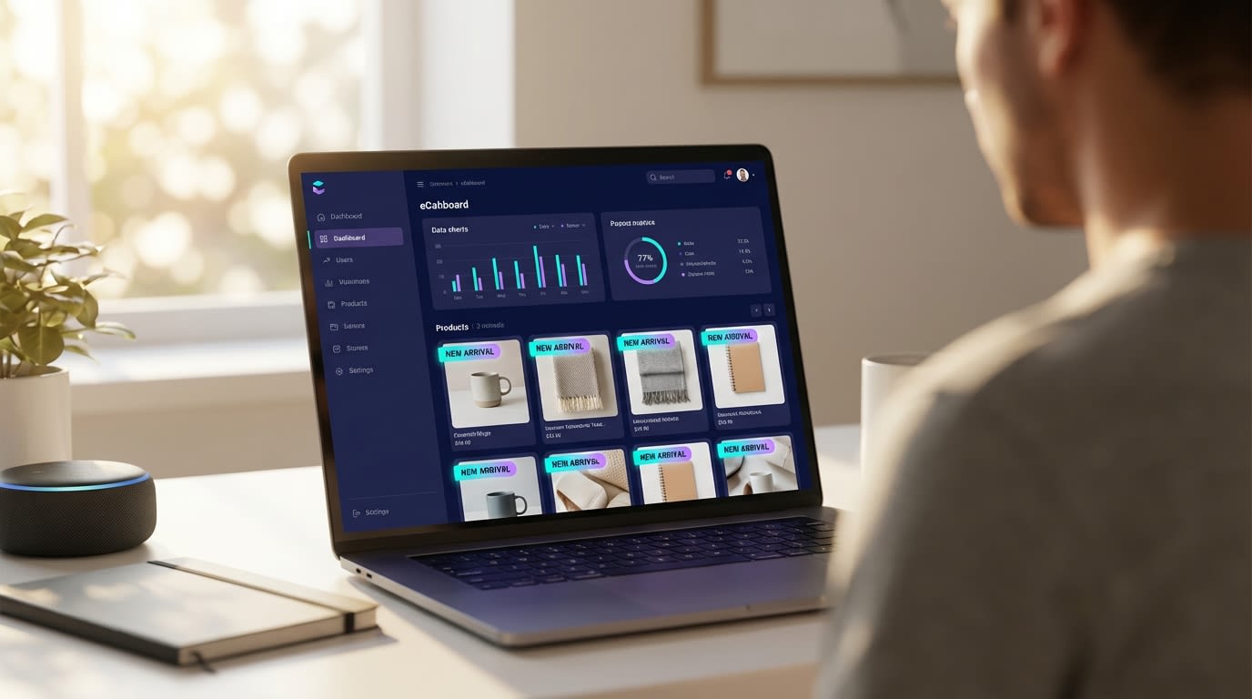 Shopify store owner looking at an automated product grid with new arrival badges on a laptop