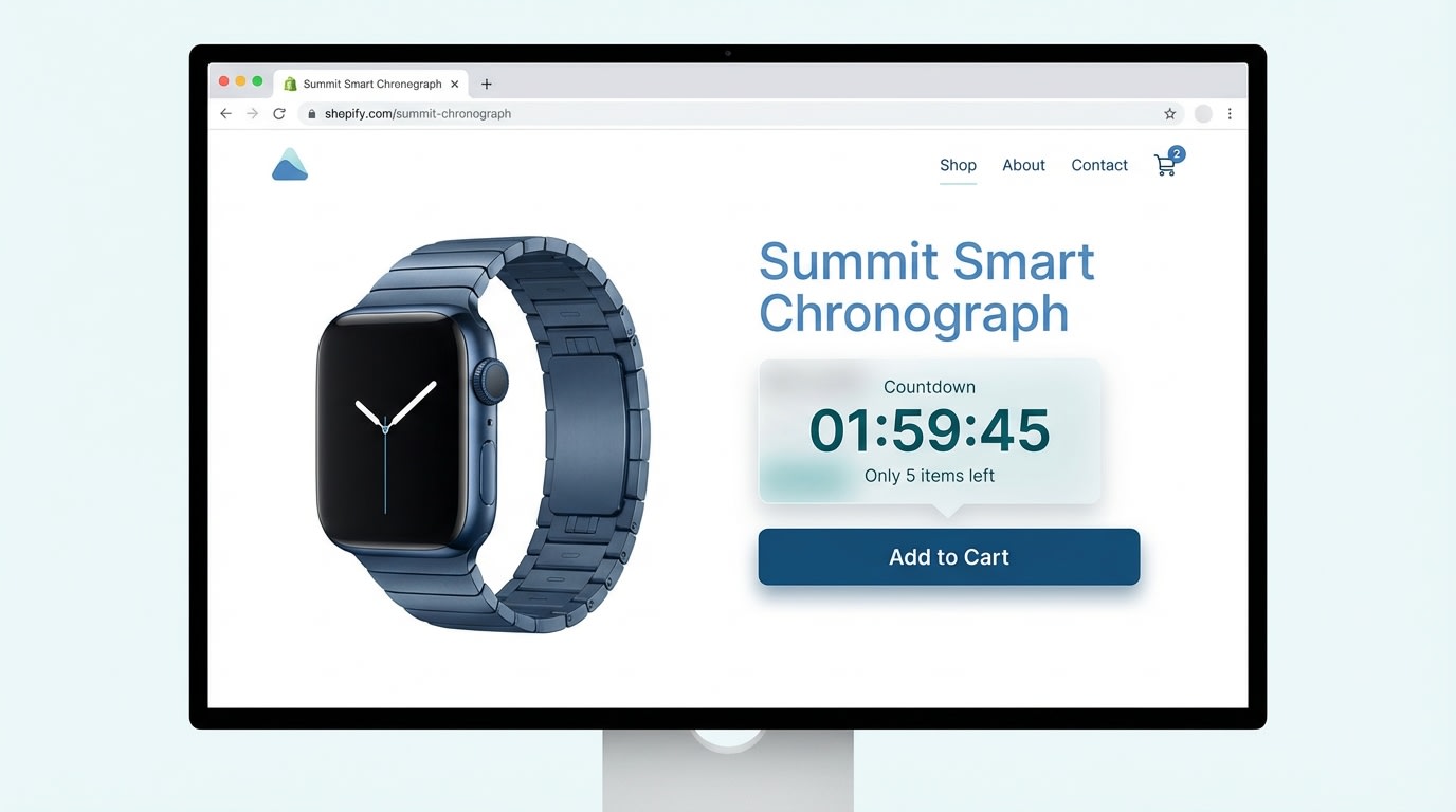Shopify store showing a subtle low-stock countdown popup on a product page