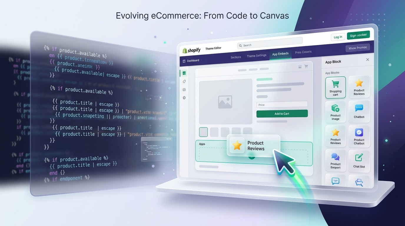 Shopify Theme editor showing a clean app block being dragged onto a product page instead of messy liquid code