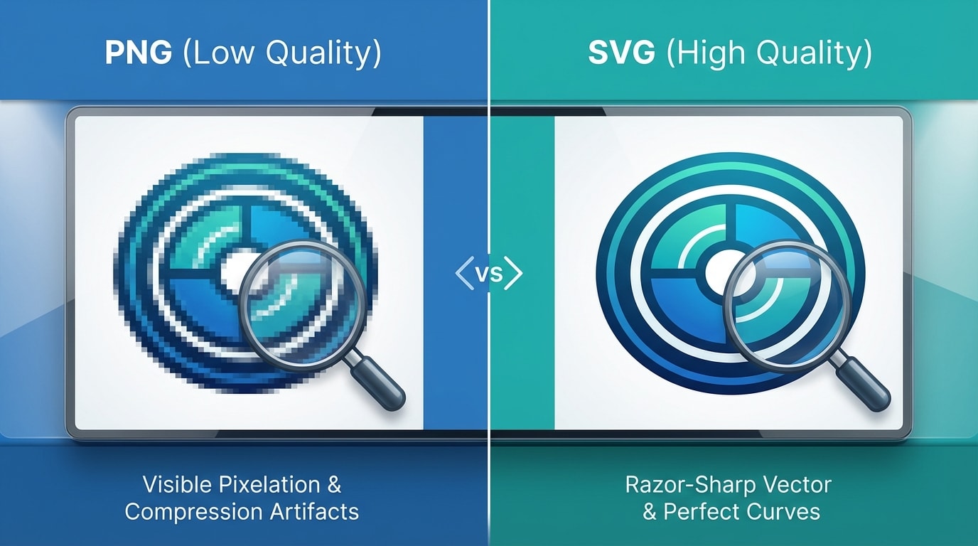 Side by side comparison of a blurry PNG badge and a crisp SVG badge on a retina display